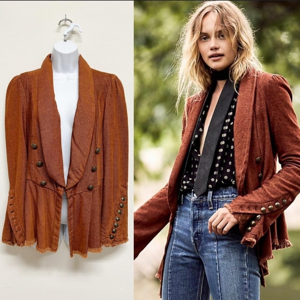 Free People Flared Sleeve Blazer Jacket with Lace, Tobacco Brown Size Medium